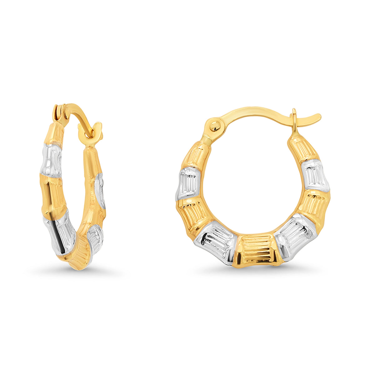 14k Gold Two Tone Puffed Bamboo Hoop Earrings 