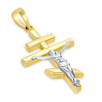 Load image into Gallery viewer, High Polish 14k Yellow Gold Two Tone Russian Orthodox Cross Crucifix Pendant with Cuban Curb Chain Necklaces
