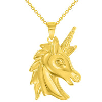 Load image into Gallery viewer, 14k Yellow Gold Unicorn Horse Head Mythical Animal Pendant With Cable, Curb or Figaro Chain Necklace
