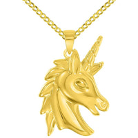 Load image into Gallery viewer, 14k Yellow Gold Unicorn Horse Head Mythical Animal Pendant With Cable, Curb or Figaro Chain Necklace
