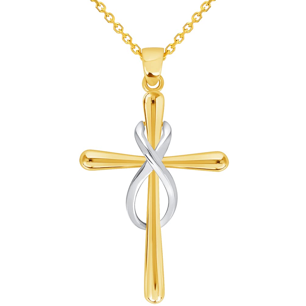 14k Yellow Gold Vertical Infinity Eternity Religious Cross Pendant with Cable, Curb, or Figaro Chain Necklaces