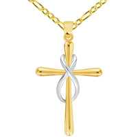 Load image into Gallery viewer, 14k Yellow Gold Vertical Infinity Eternity Religious Cross Pendant with Cable, Curb, or Figaro Chain Necklaces
