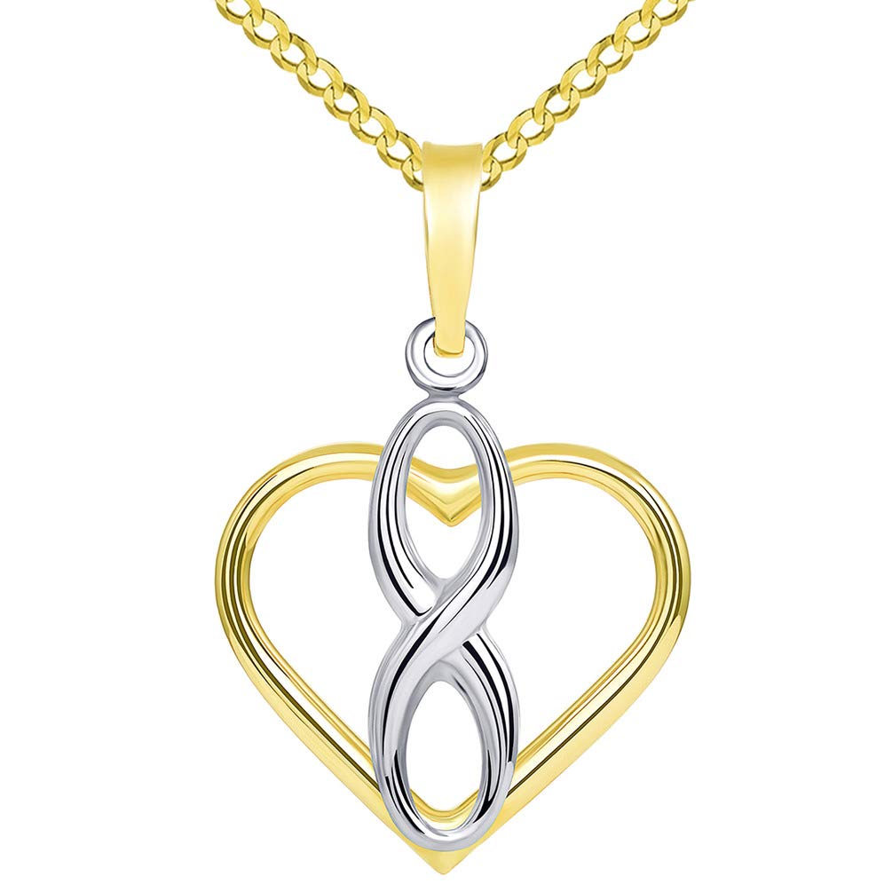 14k Gold Vertical Infinity Sign in Open Heart Pendant with Cuban Necklace - Two-Tone Gold