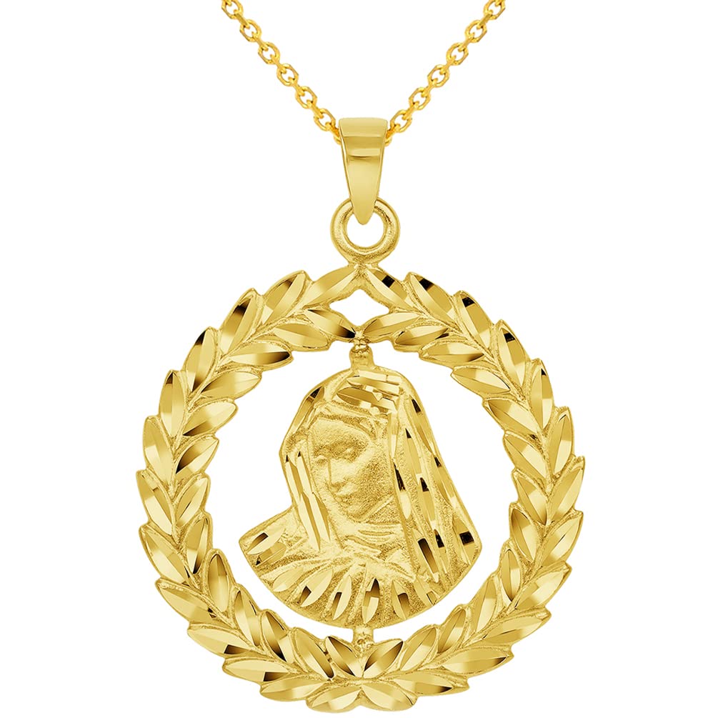 14k Yellow Gold Virgin Mary In Round Olive Branch Pendant with Cable, Curb, or Figaro Chain Necklaces