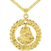 Load image into Gallery viewer, 14k Yellow Gold Virgin Mary In Round Olive Branch Pendant with Cable, Curb, or Figaro Chain Necklaces
