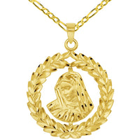 Load image into Gallery viewer, 14k Yellow Gold Virgin Mary In Round Olive Branch Pendant with Cable, Curb, or Figaro Chain Necklaces
