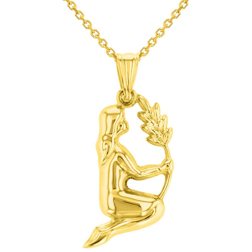 High Polish 14k Yellow Gold 3D Virgo Zodiac Sign Charm Maiden Holding Wheat Pendant With Cable, Curb or Figaro Chain Necklace