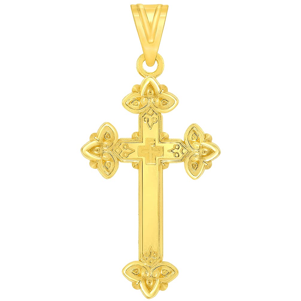 14k Yellow Gold Well Detailed Elegant Religious Budded Cross Pendant