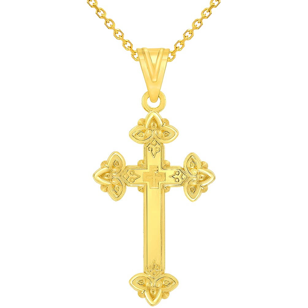 14k Yellow Gold Well Detailed Elegant Religious Budded Cross Pendant with Rolo Cable, Cuban Curb, or Figaro Chain Necklaces