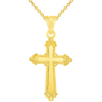 Load image into Gallery viewer, Solid 14k Yellow Gold Well Detailed Exquisite Religious Cross Pendant with Rolo Cable, Cuban Curb, or Figaro Chain Necklaces
