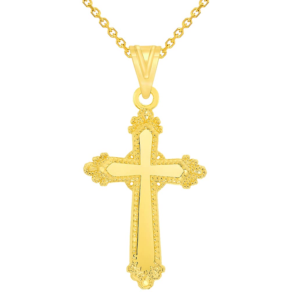 Solid 14k Yellow Gold Well Detailed Exquisite Religious Cross Pendant with Rolo Cable, Cuban Curb, or Figaro Chain Necklaces