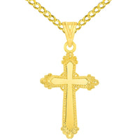 Load image into Gallery viewer, Solid 14k Yellow Gold Well Detailed Exquisite Religious Cross Pendant with Rolo Cable, Cuban Curb, or Figaro Chain Necklaces
