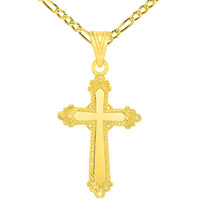 Load image into Gallery viewer, Solid 14k Yellow Gold Well Detailed Exquisite Religious Cross Pendant with Rolo Cable, Cuban Curb, or Figaro Chain Necklaces
