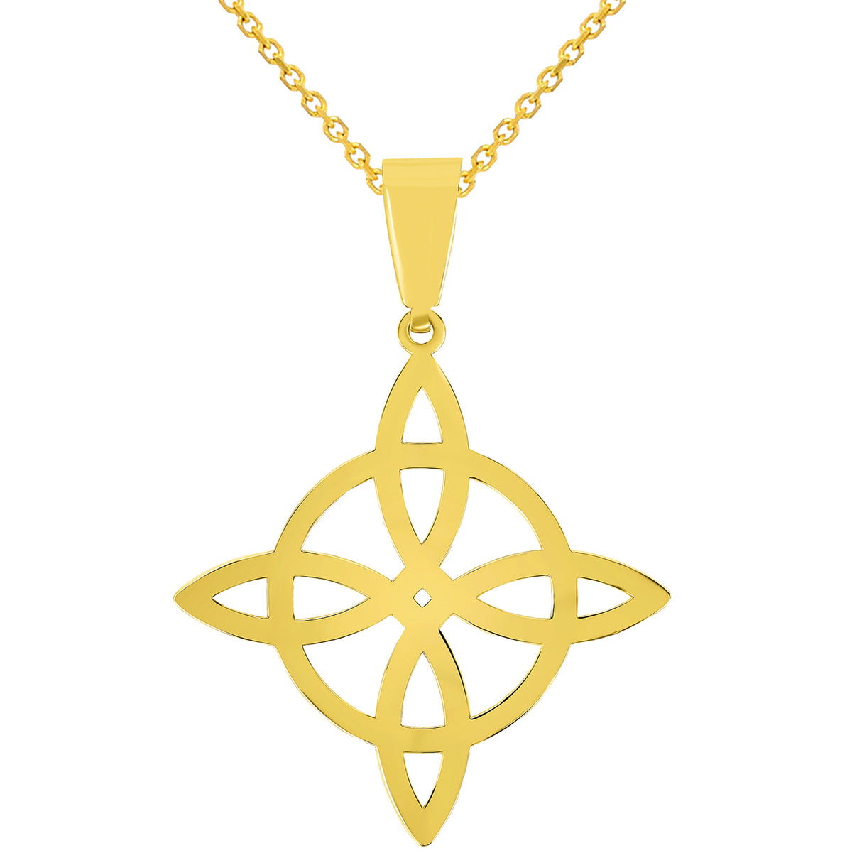 Solid 14k Yellow Gold Witch's Knot Cross Wiccan Symbol Pendant with Rolo Cable, Cuban Curb, or Figaro Chain Necklace