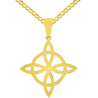 Load image into Gallery viewer, Solid 14k Yellow Gold Witch&#39;s Knot Cross Wiccan Symbol Pendant with Rolo Cable, Cuban Curb, or Figaro Chain Necklace
