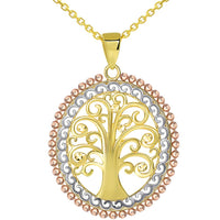 Load image into Gallery viewer, 14k Yellow Gold &amp; Rose Gold Oval Beaded Tree of Life Pendant Available with Rolo, Curb, or Figaro Chain Necklaces

