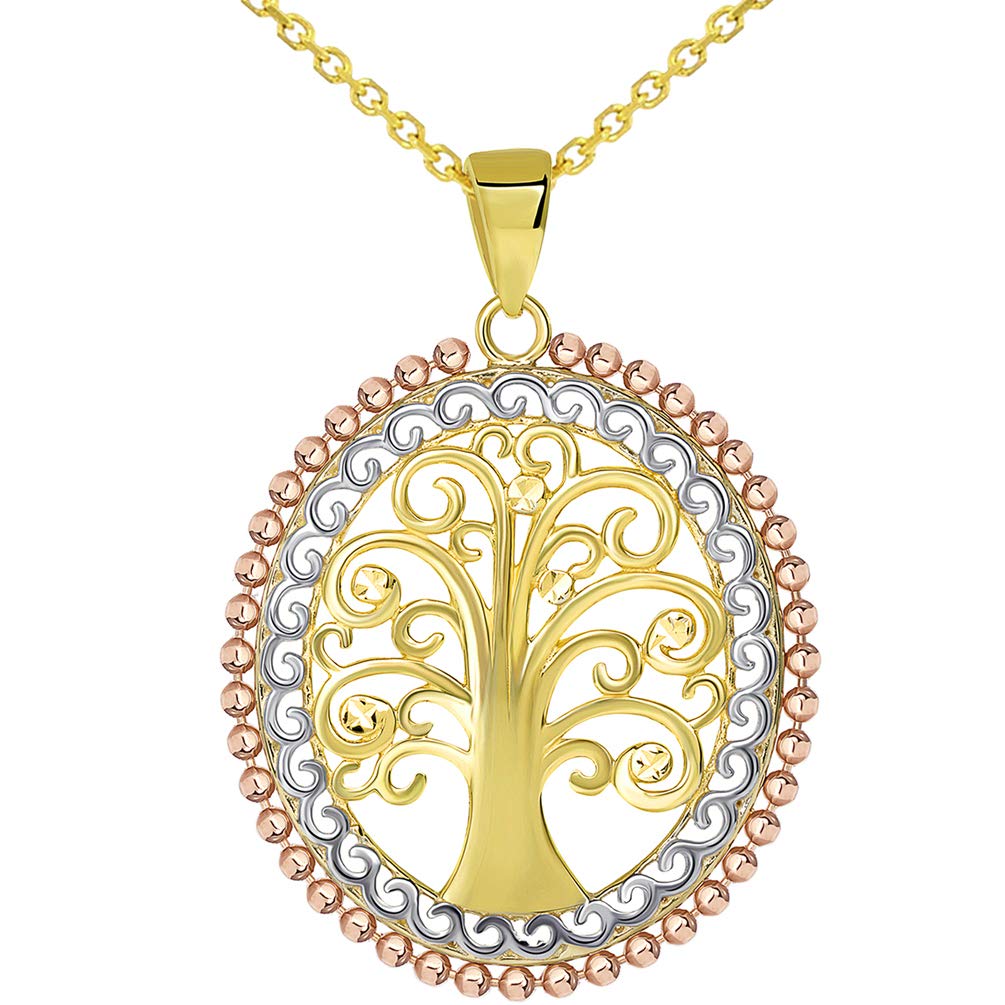 14k Yellow Gold & Rose Gold Oval Beaded Tree of Life Pendant Available with Rolo, Curb, or Figaro Chain Necklaces