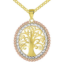 Load image into Gallery viewer, 14k Yellow Gold &amp; Rose Gold Oval Beaded Tree of Life Pendant Available with Rolo, Curb, or Figaro Chain Necklaces
