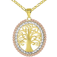 Load image into Gallery viewer, 14k Yellow Gold &amp; Rose Gold Oval Beaded Tree of Life Pendant Available with Rolo, Curb, or Figaro Chain Necklaces
