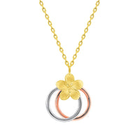 Load image into Gallery viewer, 14k Tri-Color Gold Interlocking Double Circle of Life Plumeria Flower Necklace with Lobster Claw Clasp
