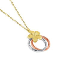 Load image into Gallery viewer, 14k Tri-Color Gold Interlocking Double Circle of Life Plumeria Flower Necklace with Lobster Claw Clasp
