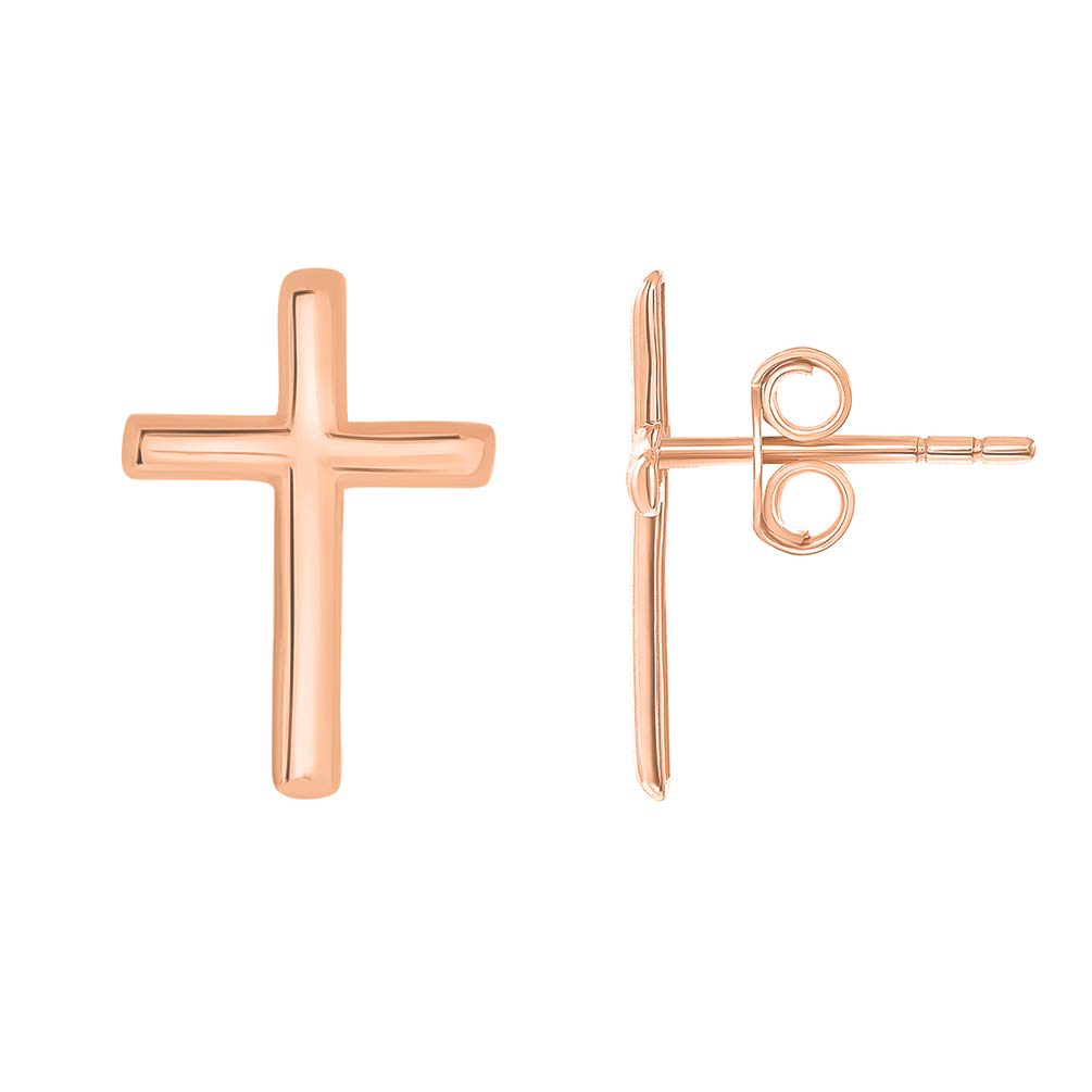 14k Rose Gold Classic Religious Plain Cross Stud Earrings with Friction Back