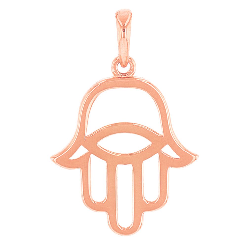 Solid 14k Rose Gold Hamsa Hand of Fatima with Evil Eye Charm Pendant