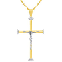 Load image into Gallery viewer, 14k Solid Two-Tone Gold 3D Catholic Chrisitan Crucifix Cross Pendant With Cable, Curb or Figaro Chain Necklace
