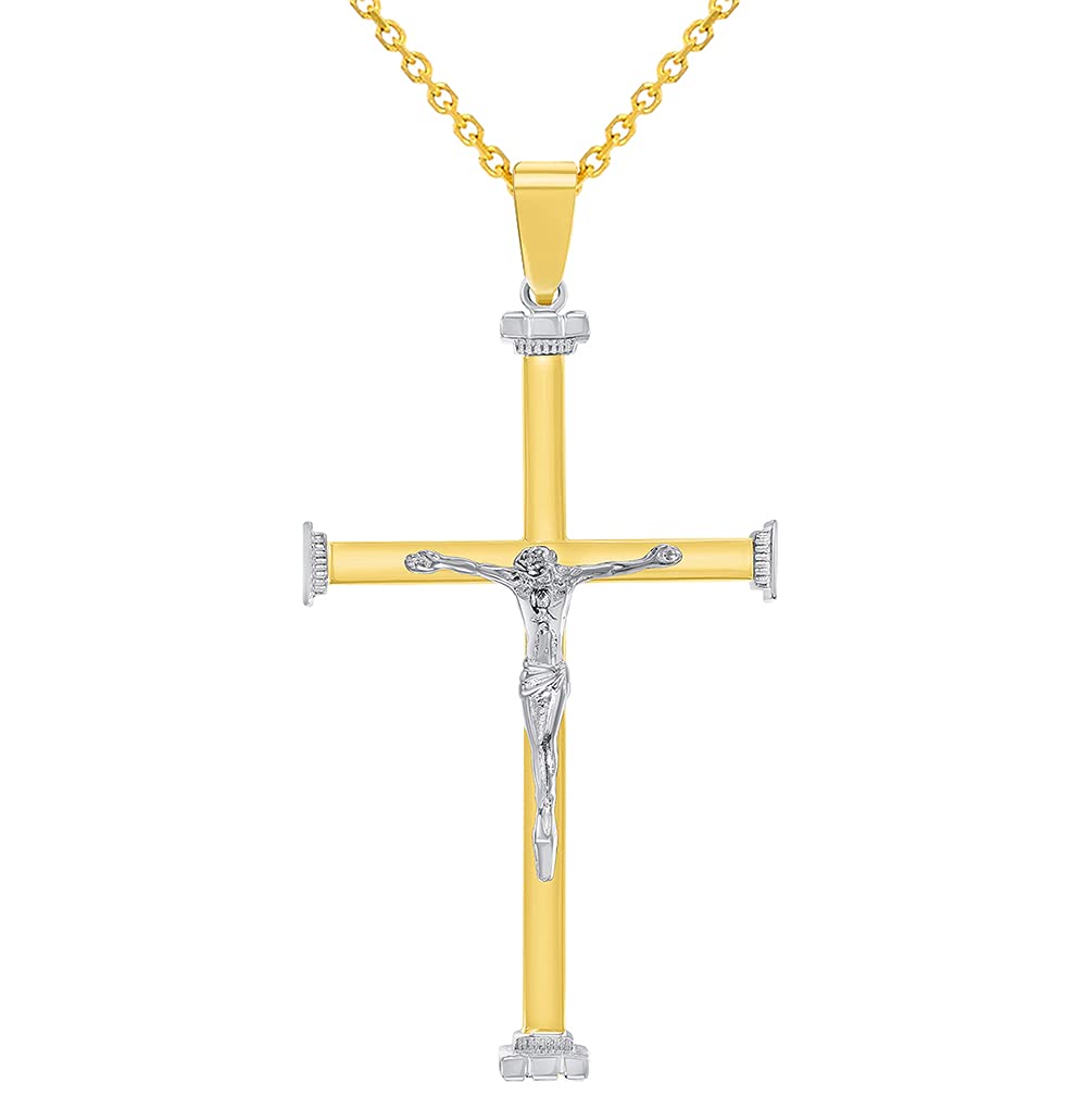 14k Solid Two-Tone Gold 3D Catholic Chrisitan Crucifix Cross Pendant With Cable, Curb or Figaro Chain Necklace