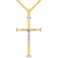 Load image into Gallery viewer, 14k Solid Two-Tone Gold 3D Catholic Chrisitan Crucifix Cross Pendant With Cable, Curb or Figaro Chain Necklace
