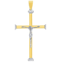 Load image into Gallery viewer, 14k Solid Two-Tone Gold 3D Catholic Chrisitan Crucifix Cross Pendant With Cable, Curb or Figaro Chain Necklace
