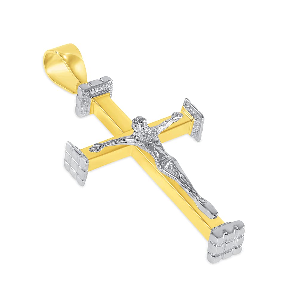 14k Solid Gold 3D Catholic Christian Crucifix Cross Pendant - Two-Tone Gold
