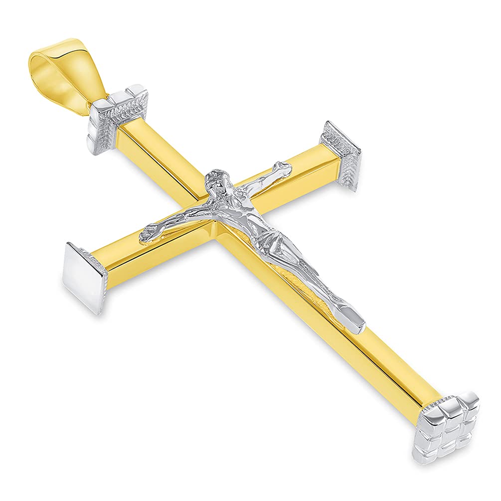 14k Solid Two-Tone Gold 3D Catholic Christian Crucifix Cross Pendant