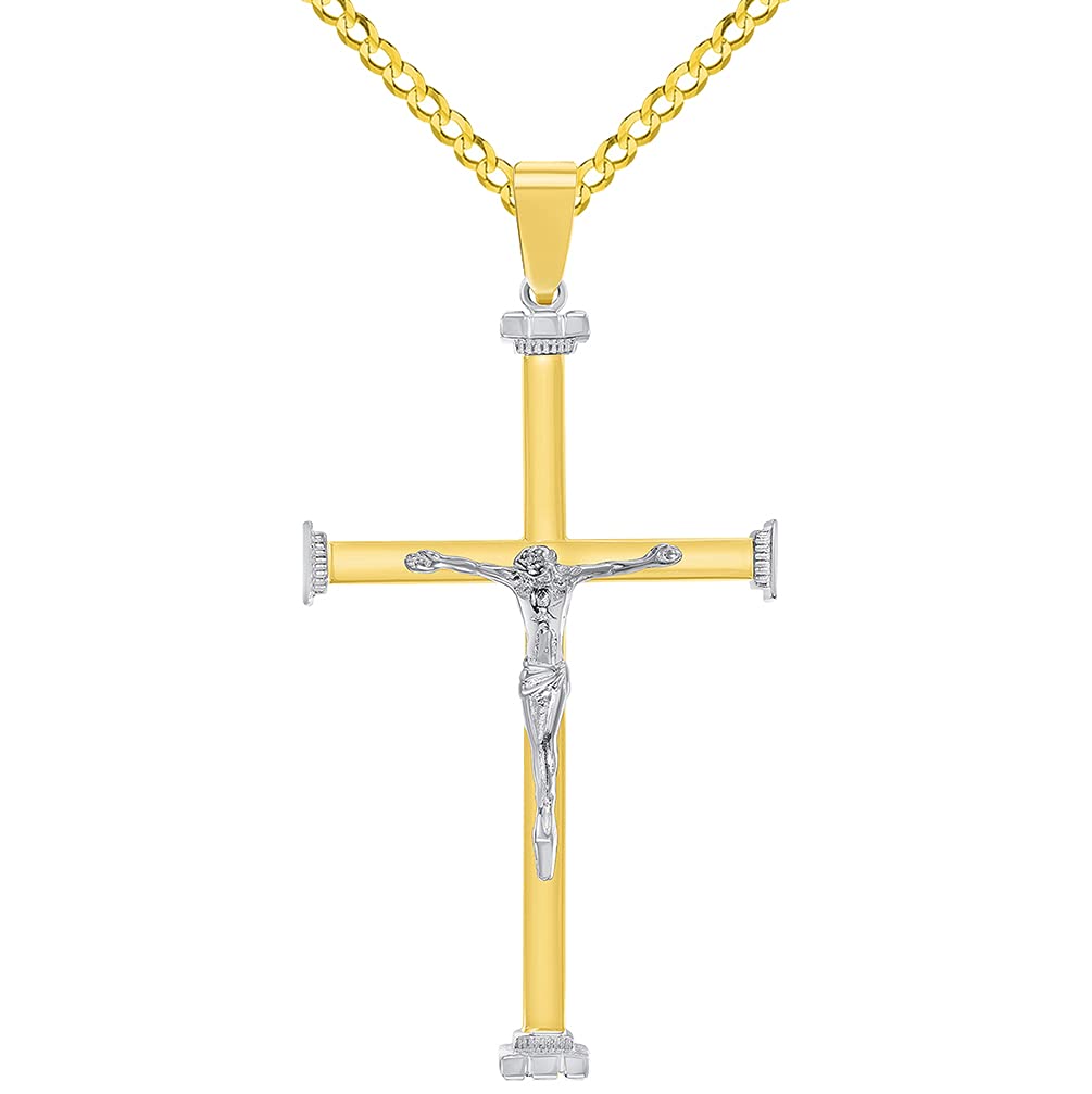 14k Solid Two-Tone Gold 3D Catholic Christian Crucifix Cross Pendant with Cuban Chain Curb Necklace