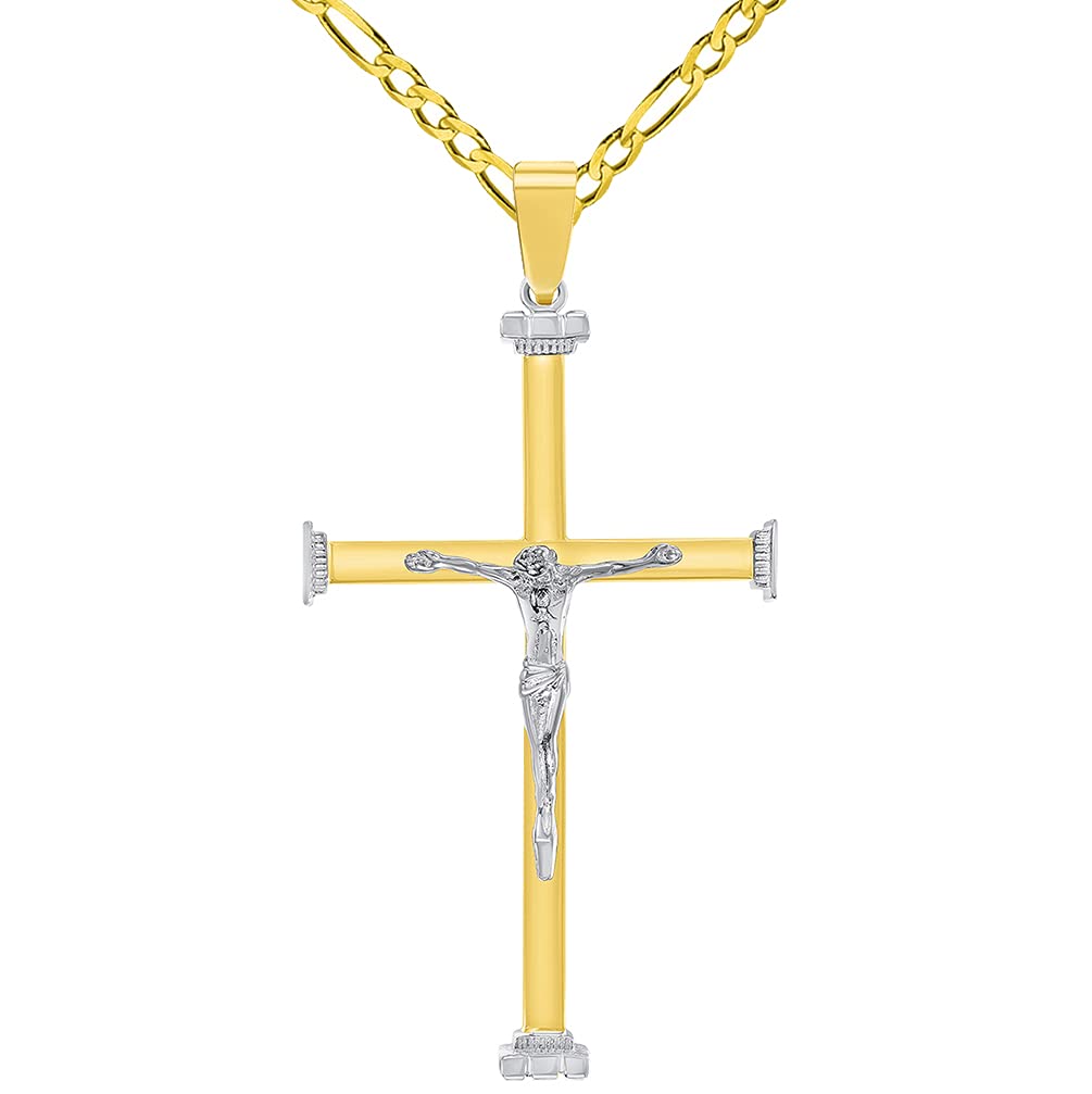 14k Solid Two-Tone Gold 3D Catholic Christian Crucifix Cross Pendant with Figaro Chain Necklace