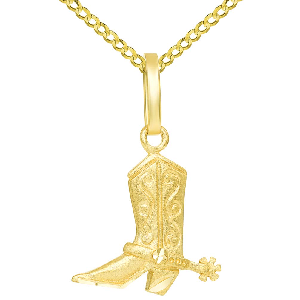 14k Solid Yellow Gold Detailed 3D Cowboy Riding Boot with Spur Pendant Cuban Necklace