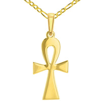 Load image into Gallery viewer, 14k Solid Yellow Gold High Polish Egyptian Coptic Ankh Cross Pendant with Figaro Chain Necklace
