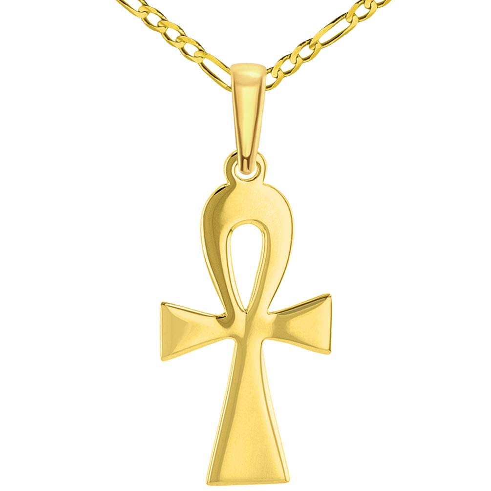 14k Solid Yellow Gold High Polish Egyptian Coptic Ankh Cross Pendant with Figaro Chain Necklace