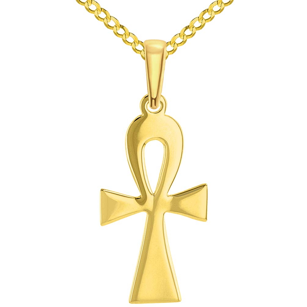 14k Solid Yellow Gold High Polish Egyptian Coptic Ankh Cross Pendant with Curb Chain Necklace