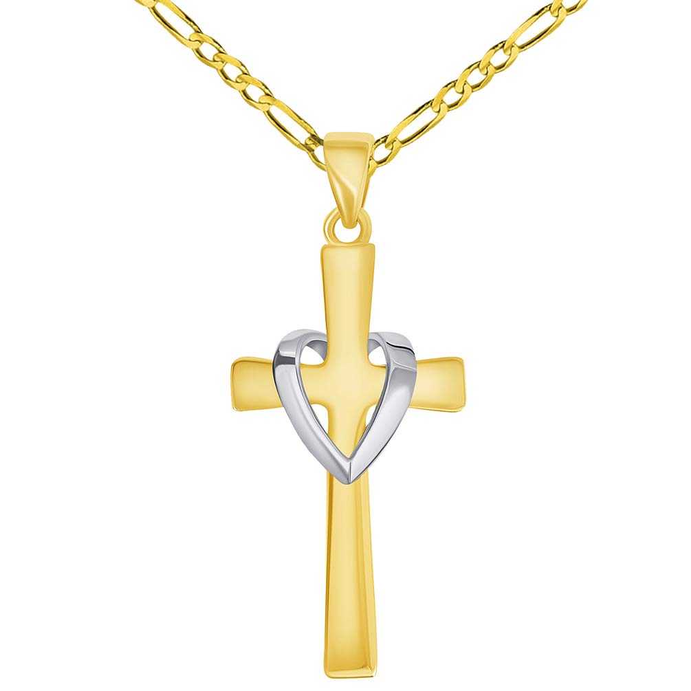 14k Solid Two-Tone Gold Religious Heart Cross Pendant with Figaro Chain Necklace