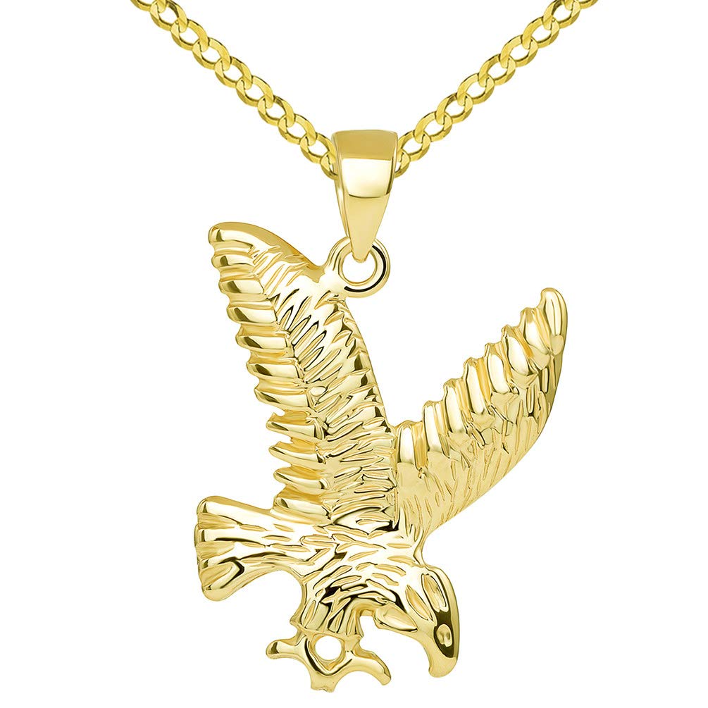 14k Solid Gold Soaring American Eagle Animal Pendant with Cuban Chain Necklace - Yellow Gold