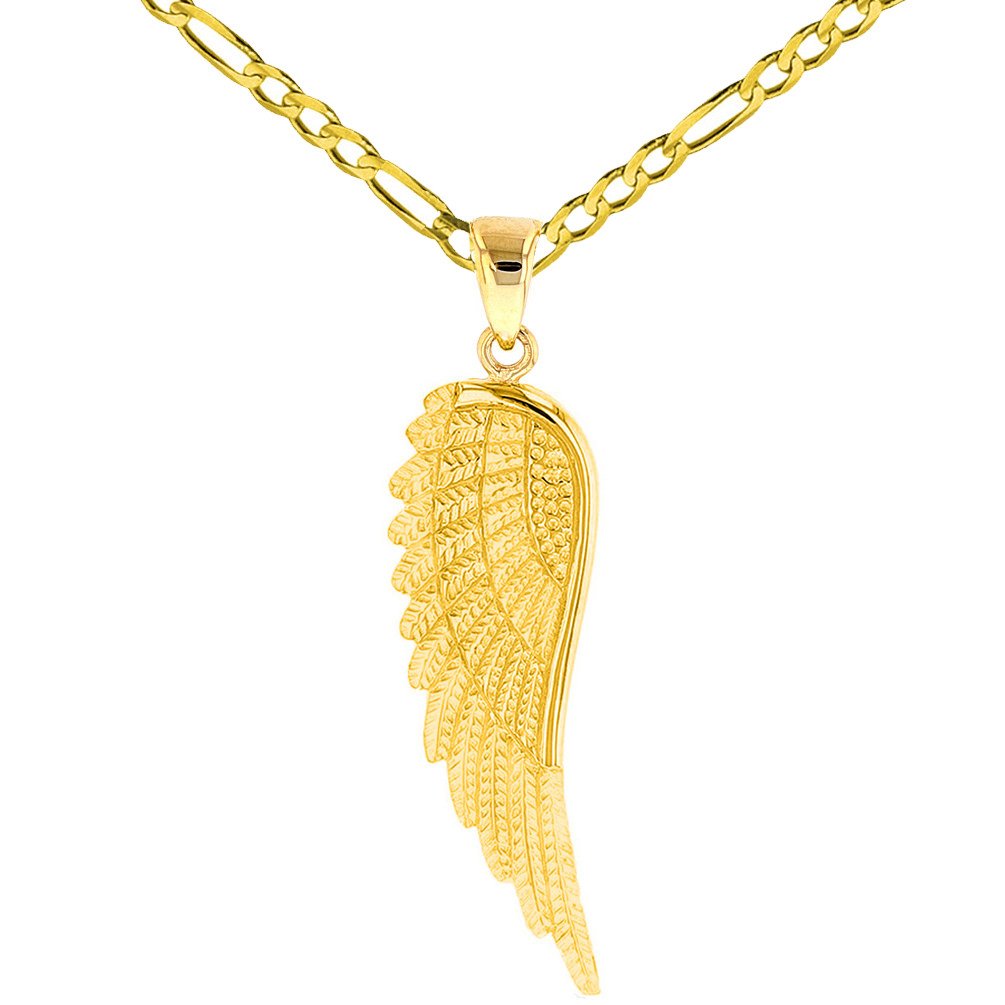 14k Solid Gold Textured Angel Wing Charm Pendant Necklace - Yellow Gold