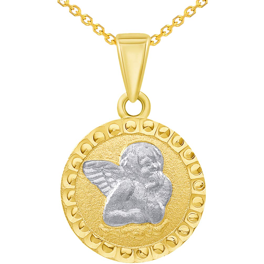 14k Solid Yellow Gold Textured Round Guardian Angel Charm Pendant Necklace Available with Cable, Curb, or Figaro Chain