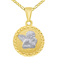 Load image into Gallery viewer, 14k Solid Yellow Gold Textured Round Guardian Angel Charm Pendant Necklace Available with Cable, Curb, or Figaro Chain
