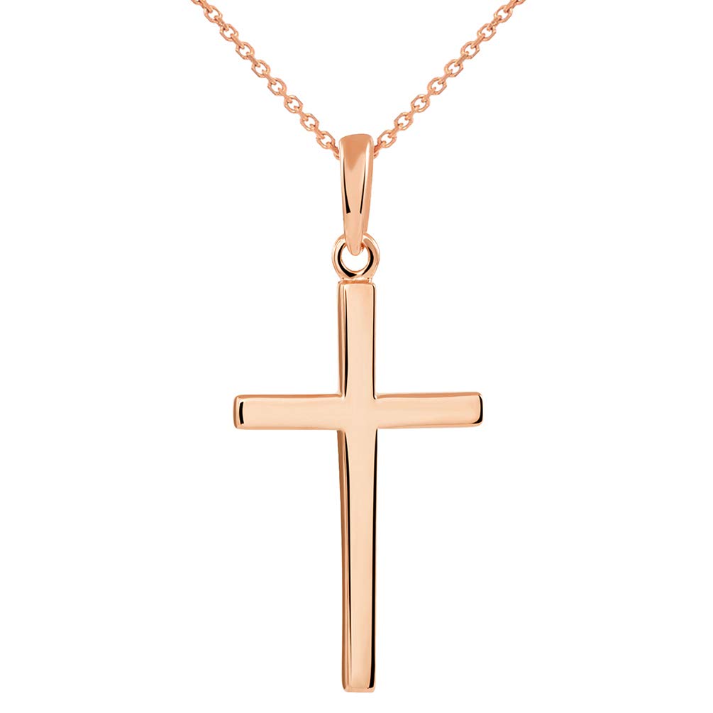 14k Solid Rose Gold Classic Plain Religious Cross Pendant Necklace