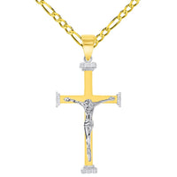 Load image into Gallery viewer, 14k Solid Two-Tone Gold 3D Religious Crucifix Cross Pendant with Figaro Chain Necklace
