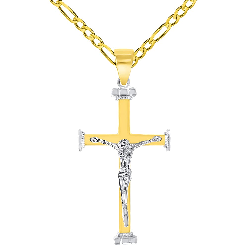 14k Solid Two-Tone Gold 3D Religious Crucifix Cross Pendant with Figaro Chain Necklace