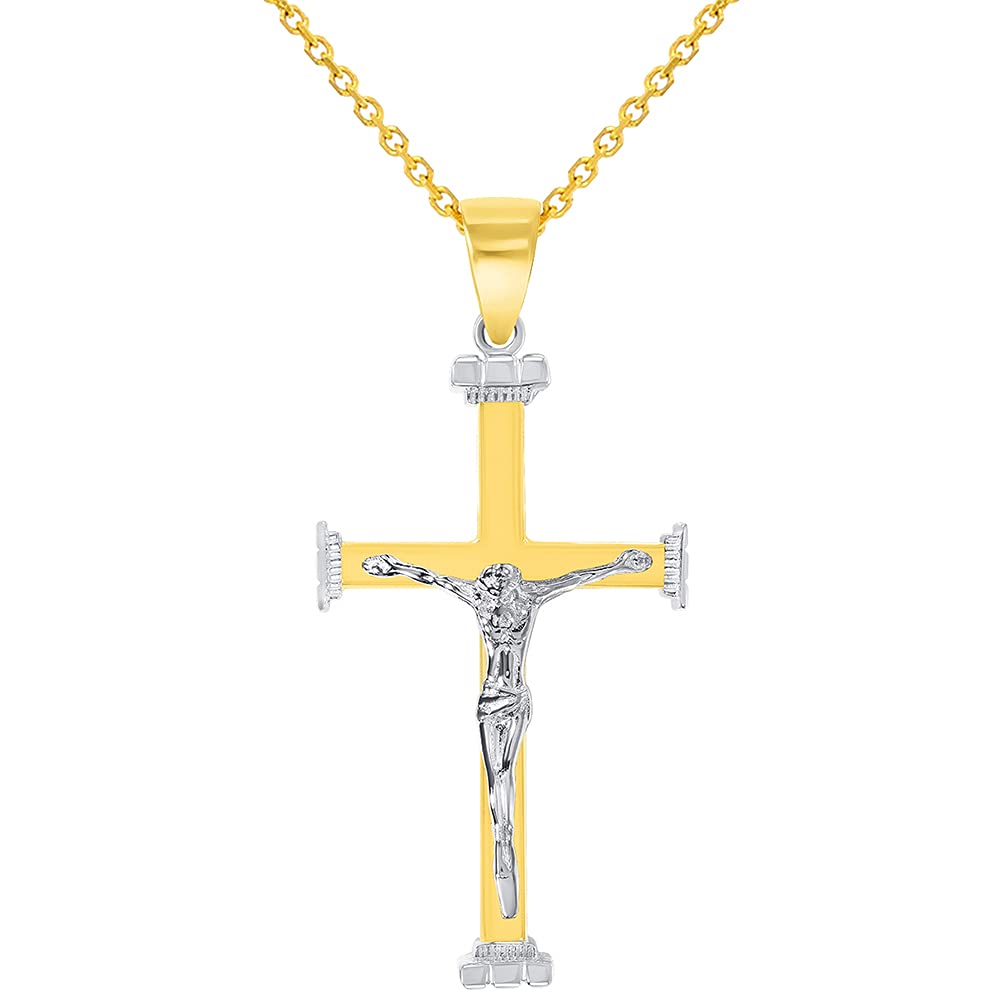 14k Solid Two-Tone Gold 3D Religious Crucifix Cross Pendant Necklace