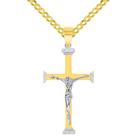 Load image into Gallery viewer, 14k Solid Two-Tone Gold 3D Religious Crucifix Cross Pendant with Cuban Chain Curb Necklace
