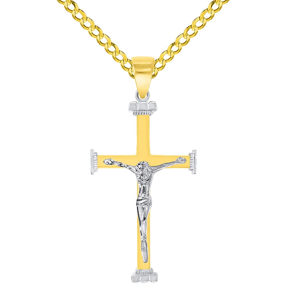 14k Solid Two-Tone Gold 3D Religious Crucifix Cross Pendant with Cuban Chain Curb Necklace